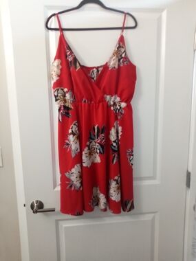 Red Floral Spaghetti-Strap Mini V-Neck Dress Size 2XL
